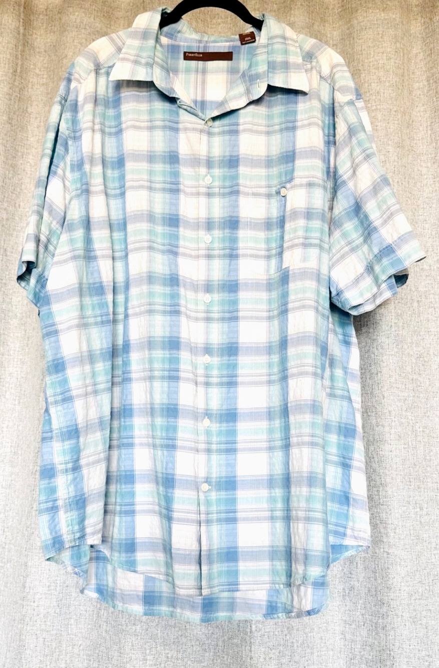 Perry Ellis Button Down Shirt Mens XXL Blue Pastel Plaid Cotton Short Sleeve